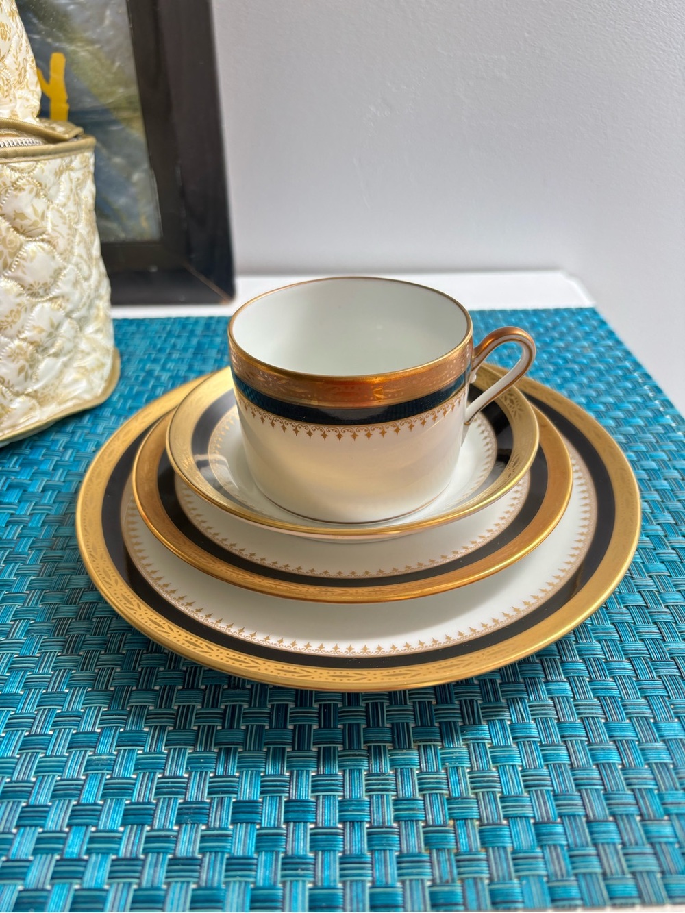 Richard Ginori White Porcelain Cup & Plate Set with Gold and Black Bands